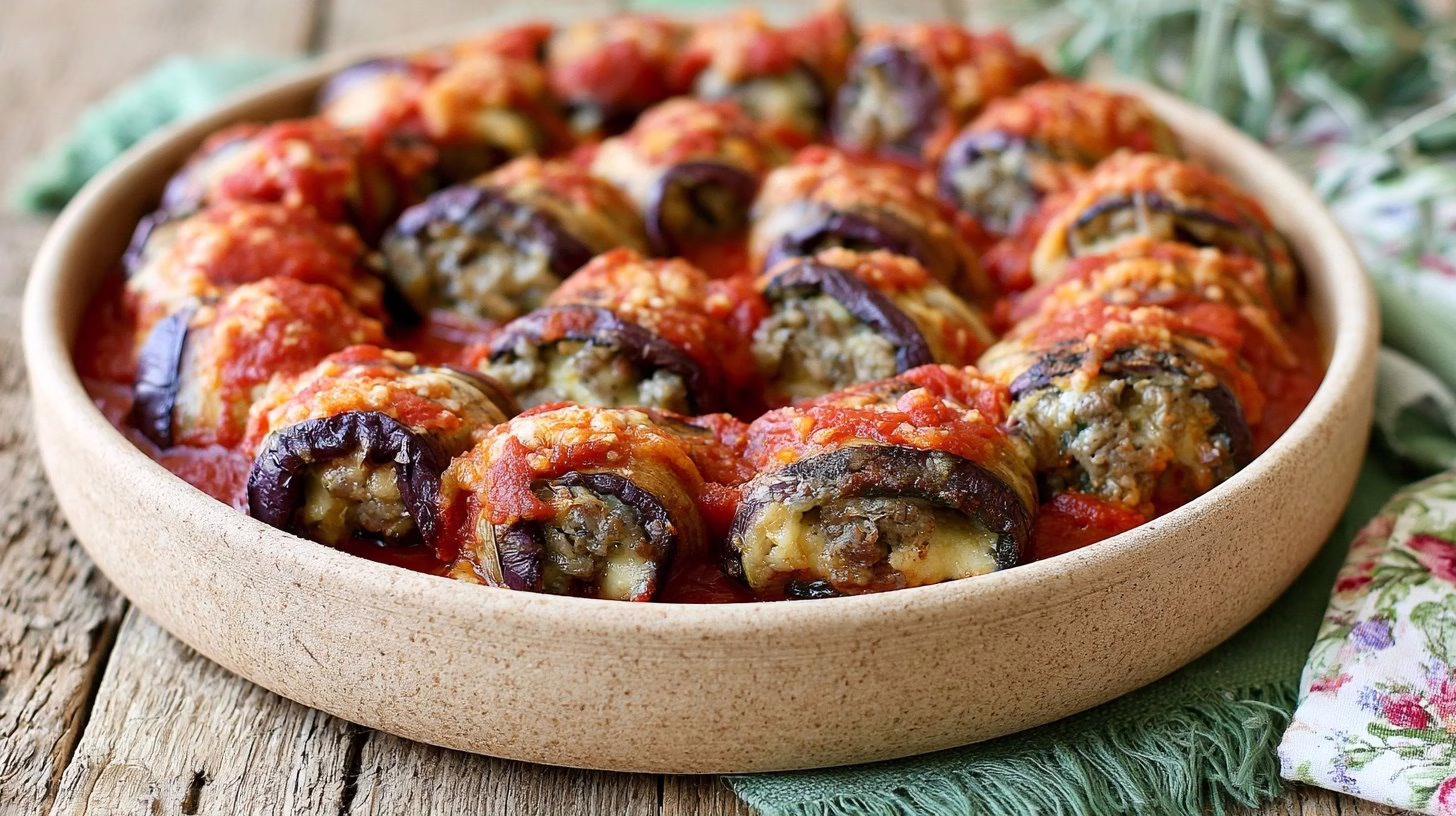 Roulés d'aubergines grillées à la viande et au fromage filant le plat du soir qui régale tout le monde