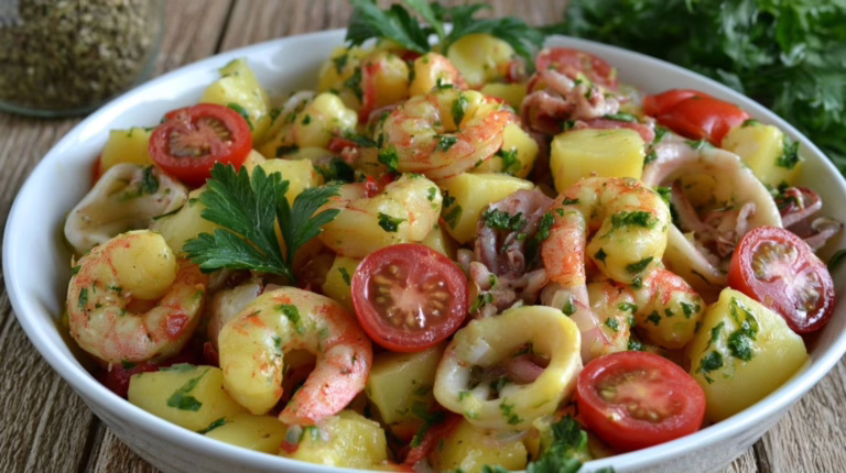 Salade de pommes de terre aux crevettes et calamars le plat complet parfait à préparer à l'avance