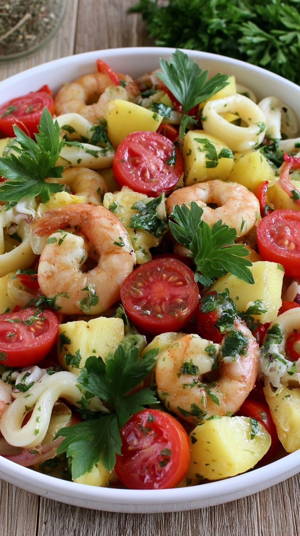 Salade de pommes de terre aux crevettes et calamars le plat complet parfait à préparer à l'avance