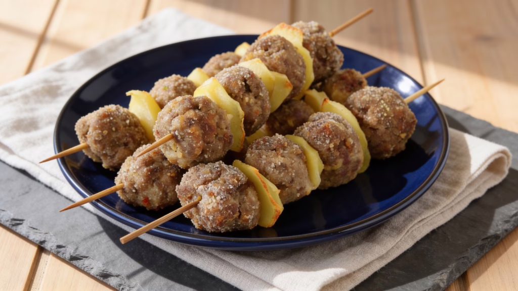 Brochettes de boulettes et pommes de terre au four qui font raffoler petits et grands