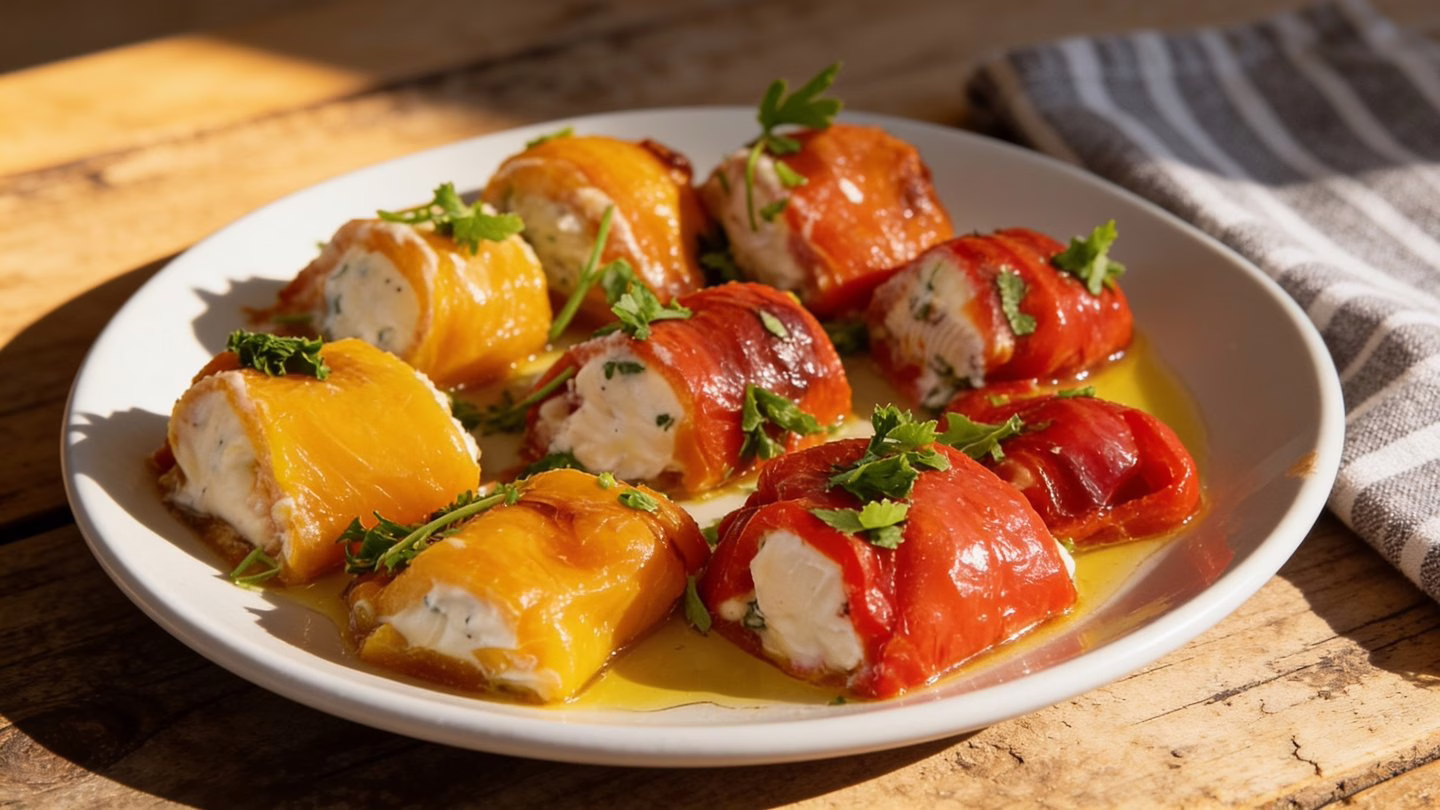 Rouleaux de poivrons grillés au fromage frais l'apéritif parfait